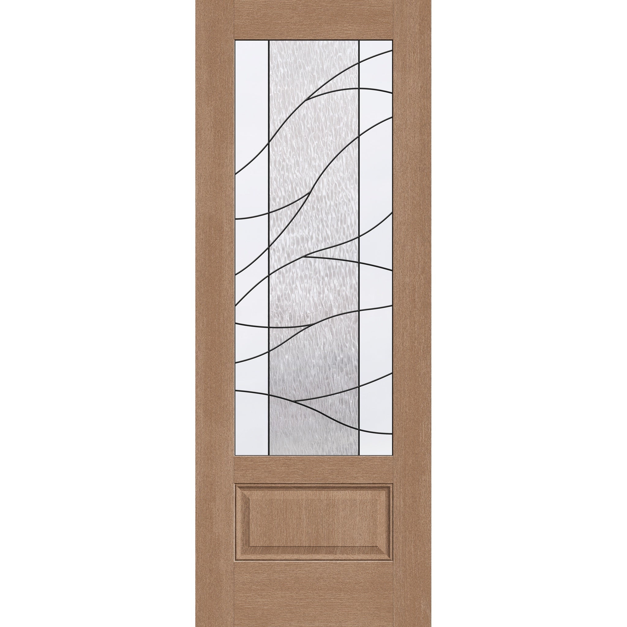 Briselle flush glazed fiberglass entry door, 3/4 lite, 36" x 96", tan woodgrain finish, Patina caming