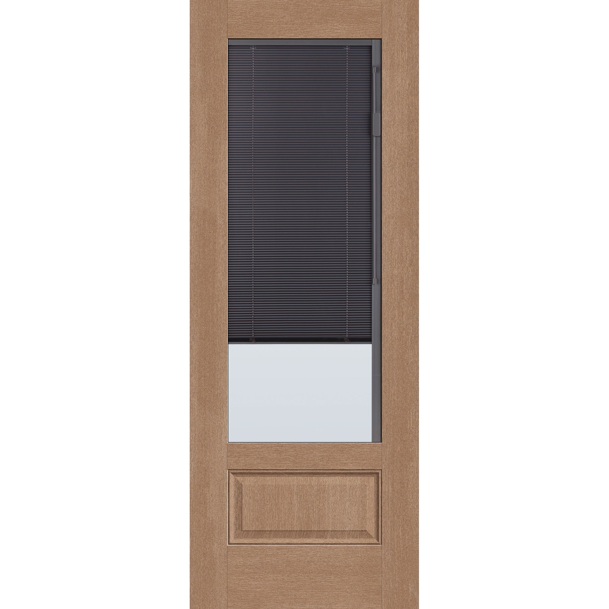 Raise & Lower Blinds flush glazed fiberglass entry door, 3/4 lite, 36" x 96", tan woodgrain finish, slate blinds