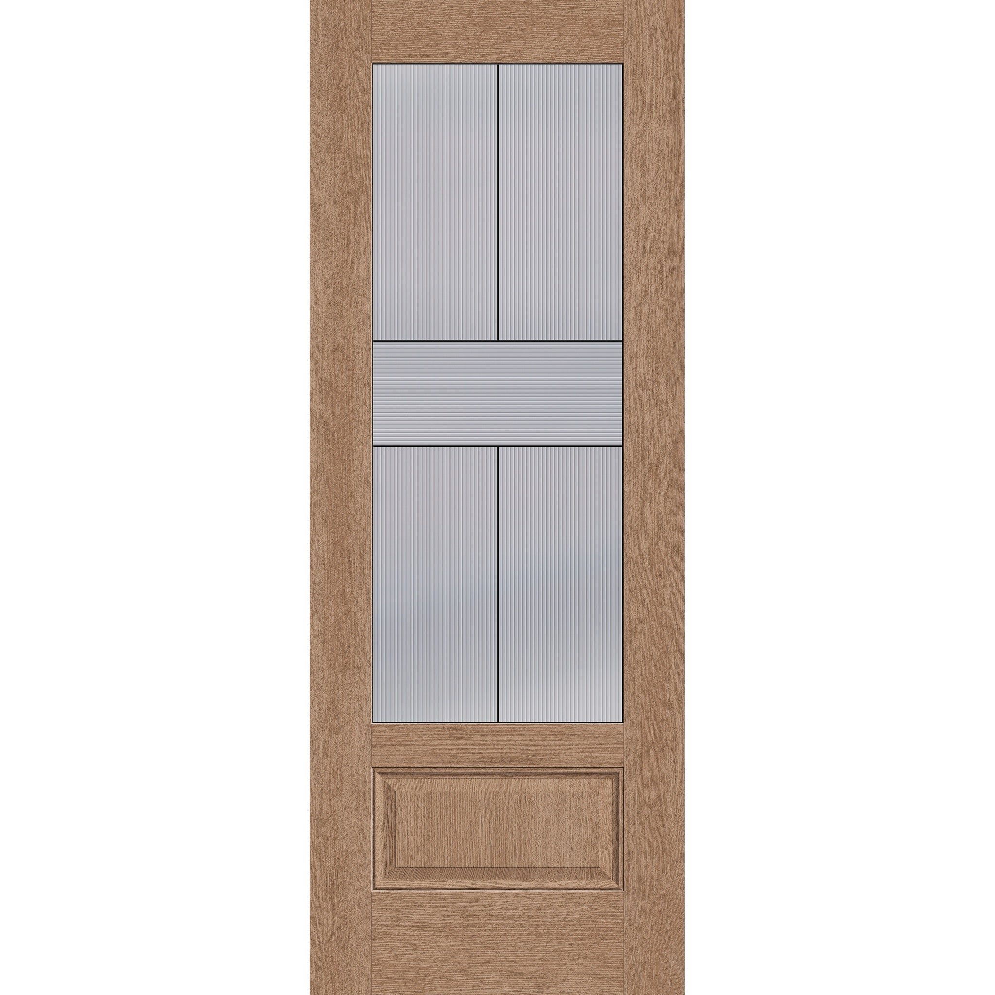 Rill flush glazed hurricane-rated fiberglass entry door, 3/4 lite, 36" x 96", tan woodgrain finish, Black Aluminum caming
