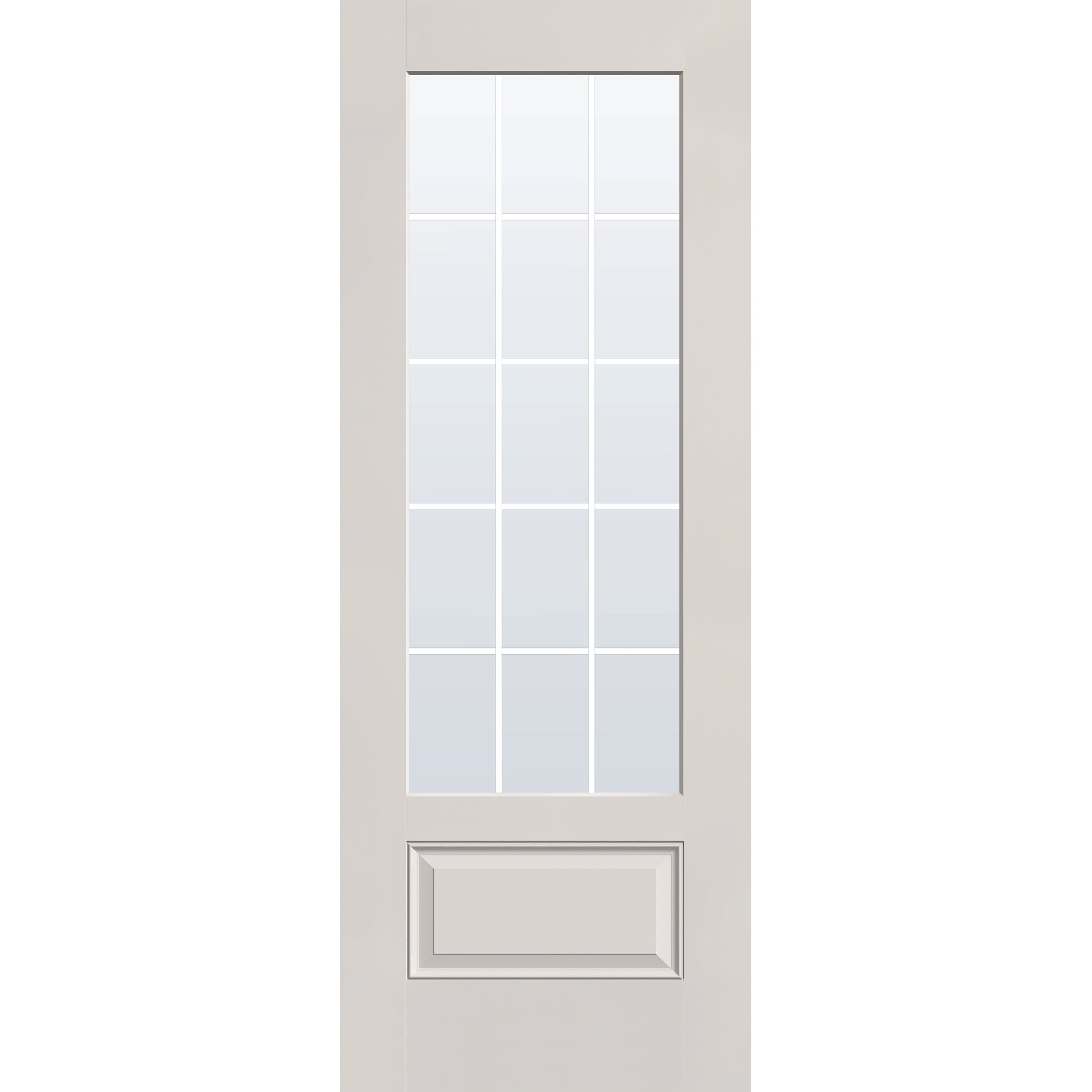 15 light grille flush glazed hurricane-rated fiberglass entry door, 3/4 lite, 36" x 96", white satin smooth finish, white grilles between glass