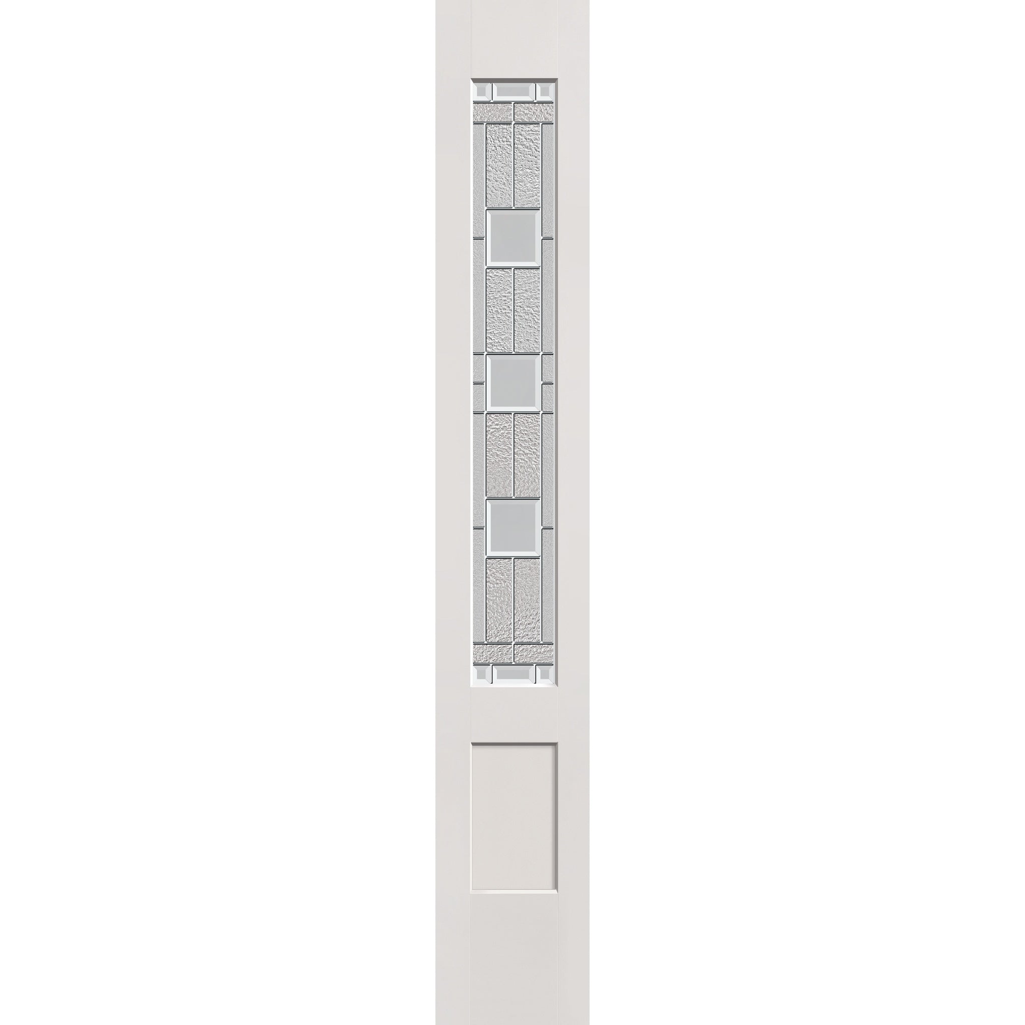 Austin flush glazed hurricane-rated fiberglass sidelite panel, 3/4 lite shaker, 12" x 80", white satin smooth finish, Satin Nickel caming