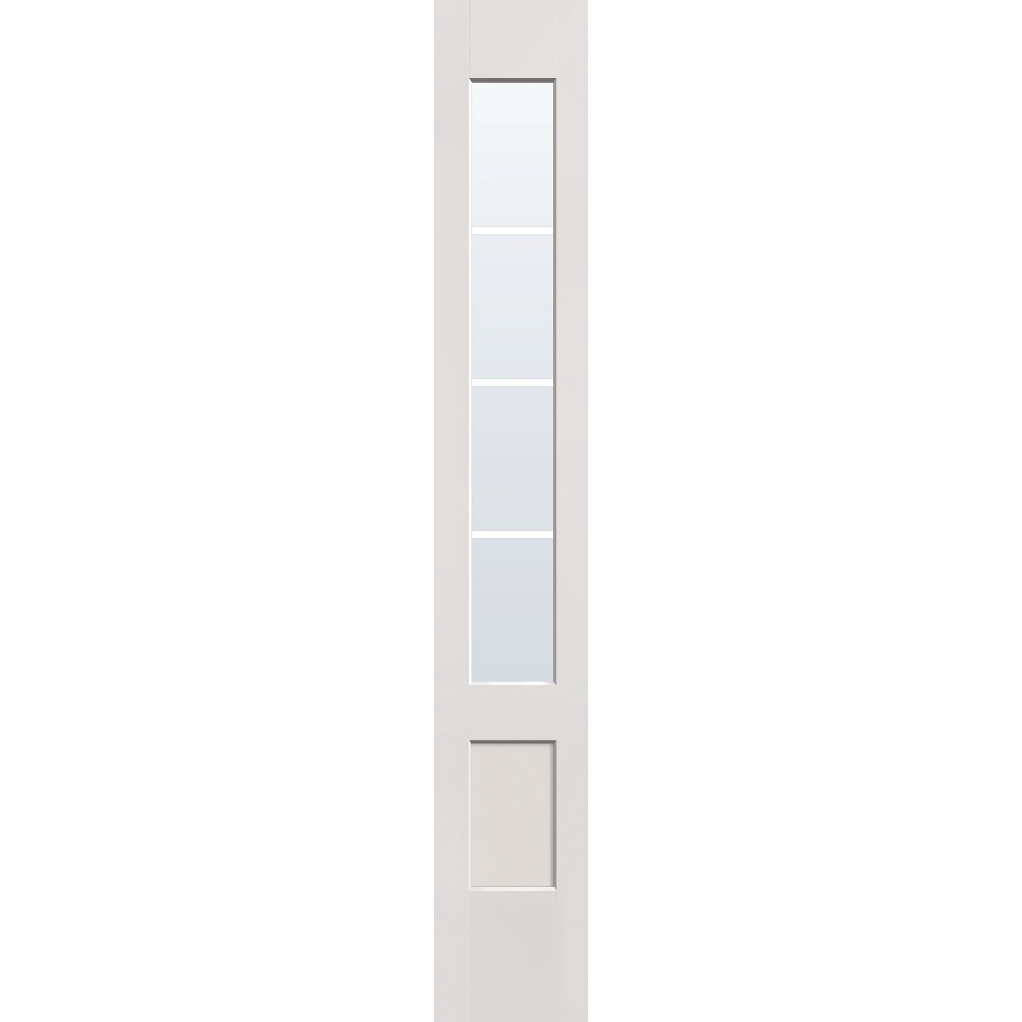 4 light grille flush glazed hurricane-rated fiberglass sidelite panel, 3/4 lite shaker, 12" x 80", white satin smooth finish, white grilles between glass