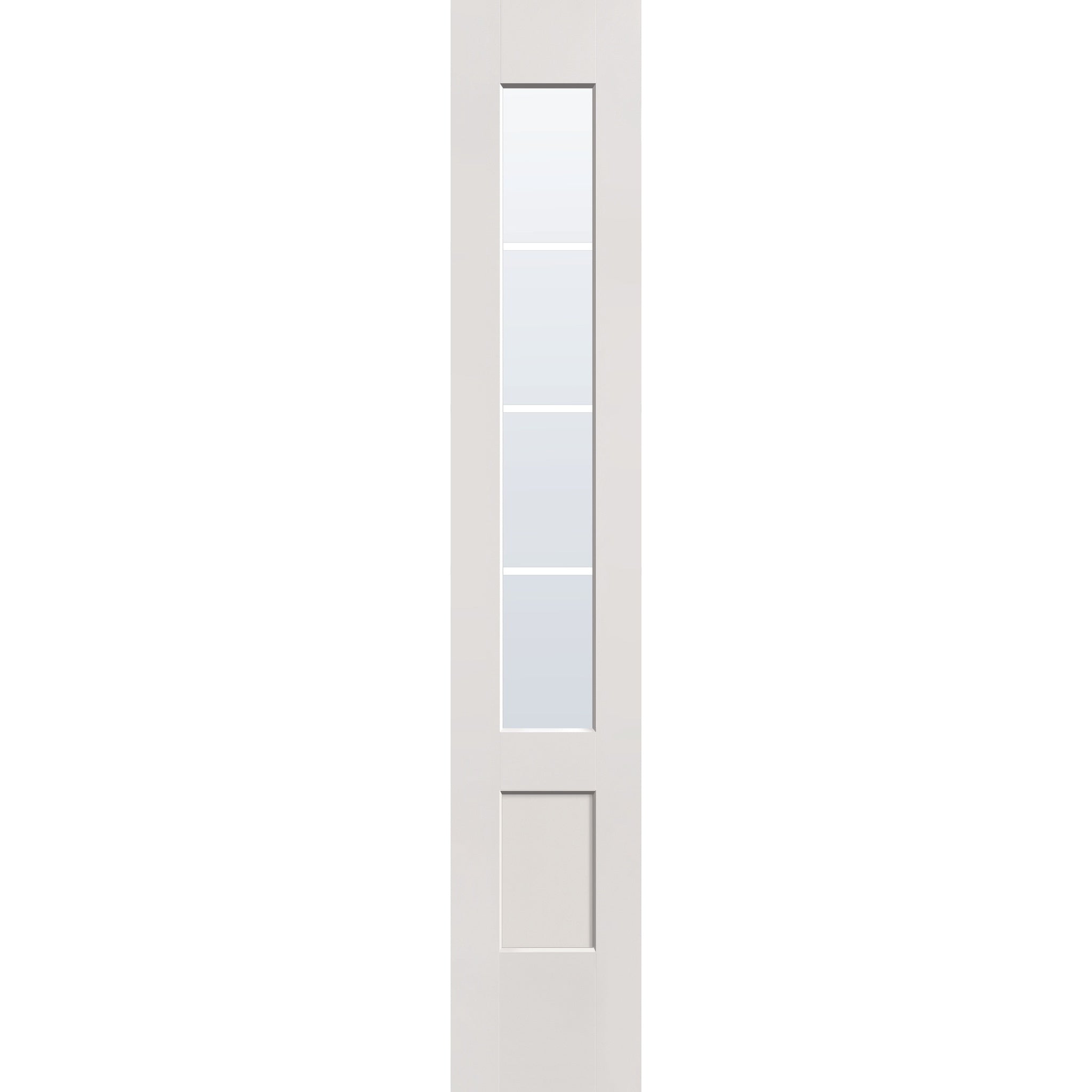 4 light grille flush glazed hurricane-rated fiberglass sidelite panel, 3/4 lite shaker, 14" x 80", white satin smooth finish, white grilles between glass