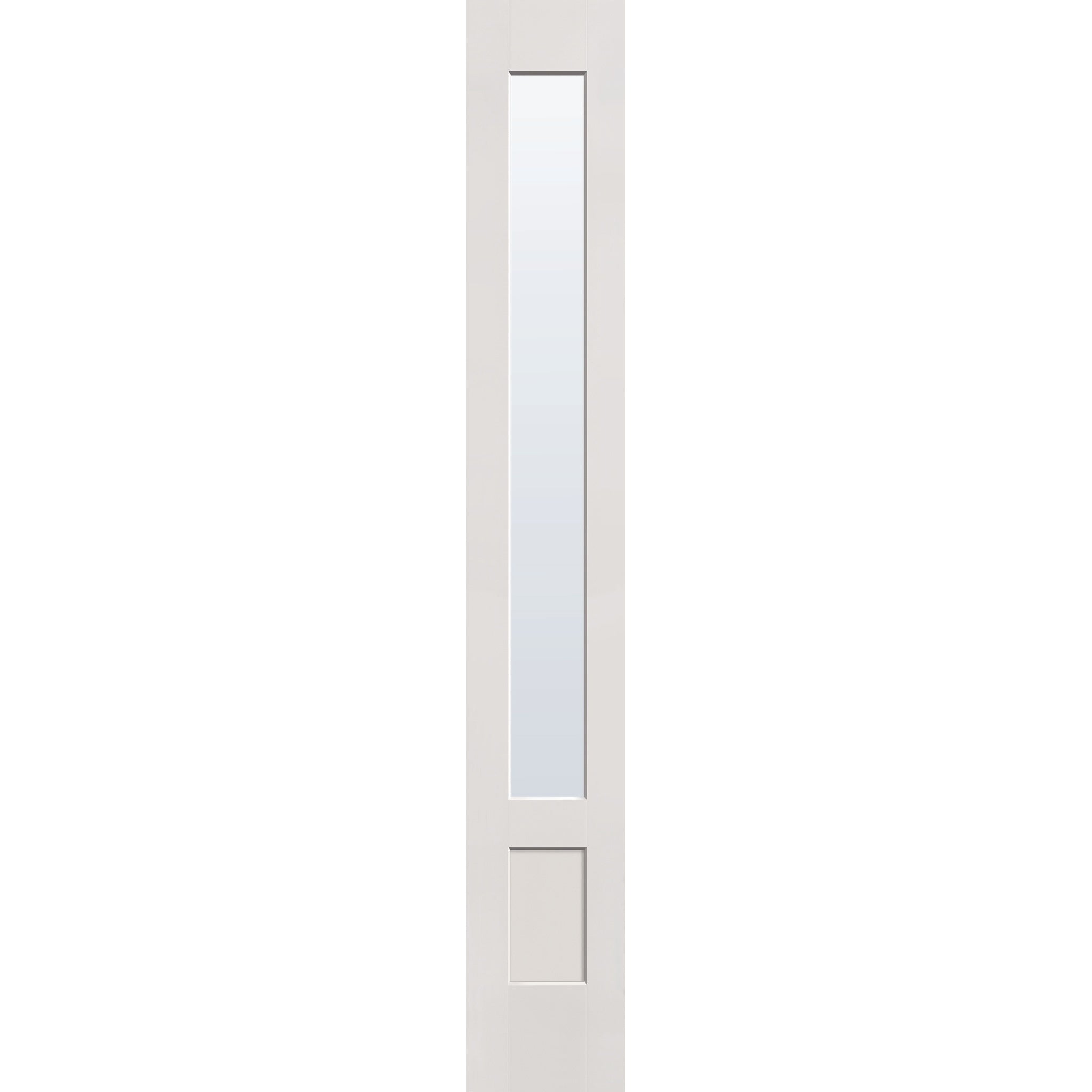 Clear flush glazed hurricane-rated fiberglass sidelite panel, 3/4 lite shaker, 14" x 96", white satin smooth finish