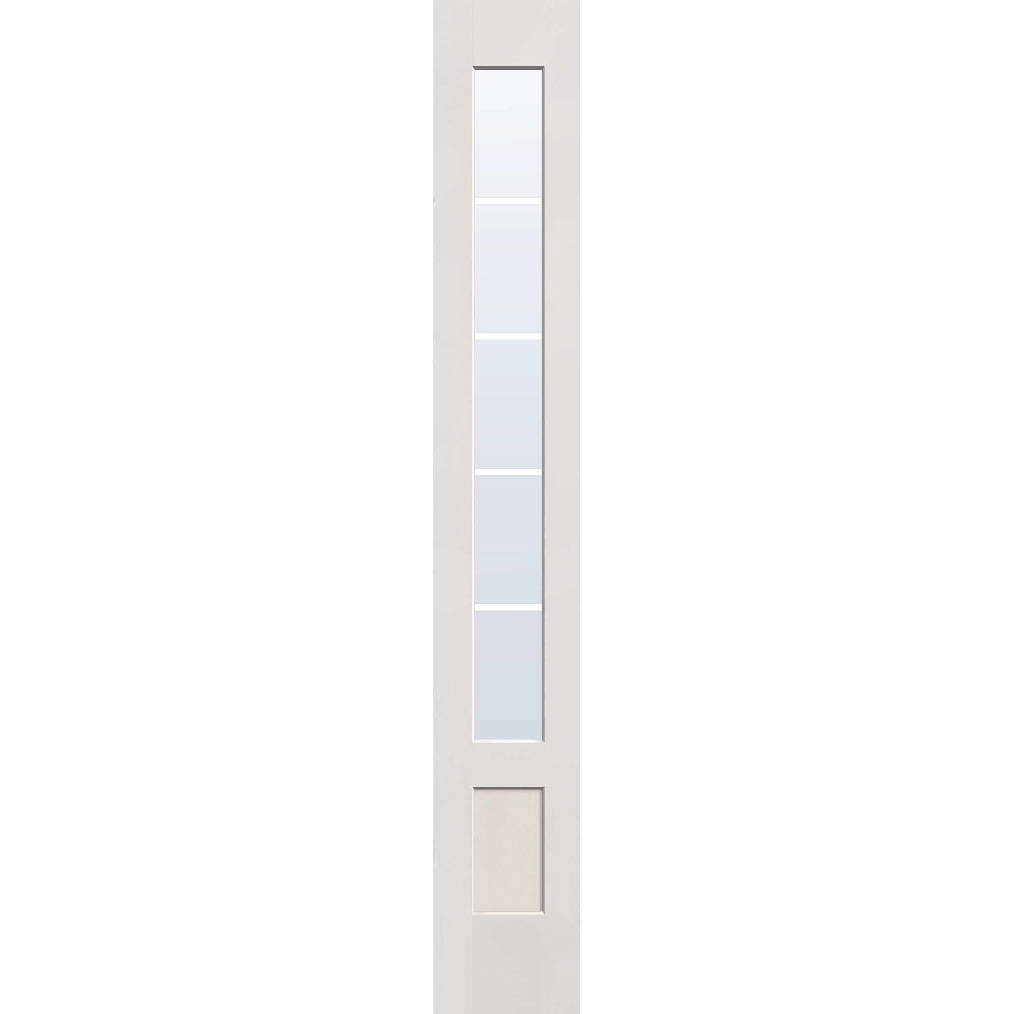 5 light grille flush glazed hurricane-rated fiberglass sidelite panel, 3/4 lite shaker, 14" x 96", white satin smooth finish, white grilles between glass