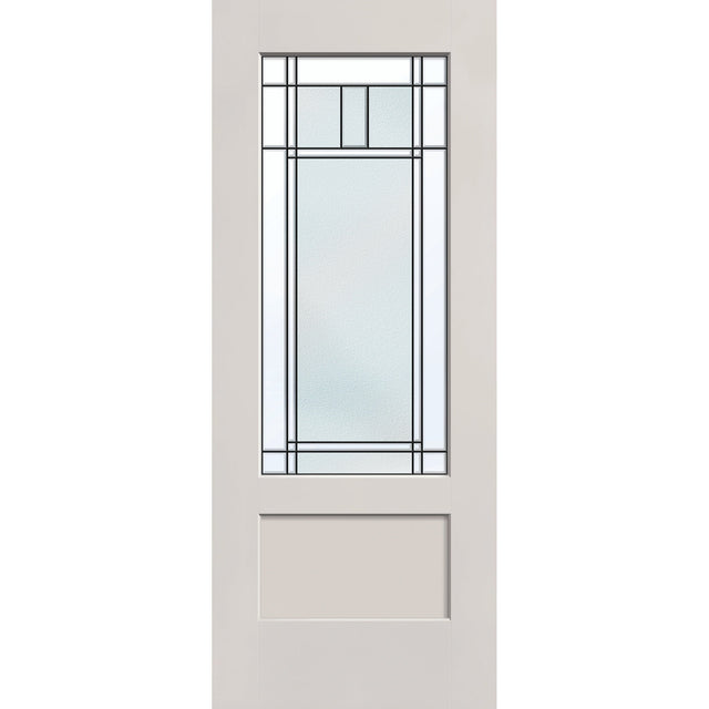 Berkley flush glazed hurricane-rated fiberglass entry door, 3/4 lite shaker, 32" x 80", white satin smooth finish, Patina caming