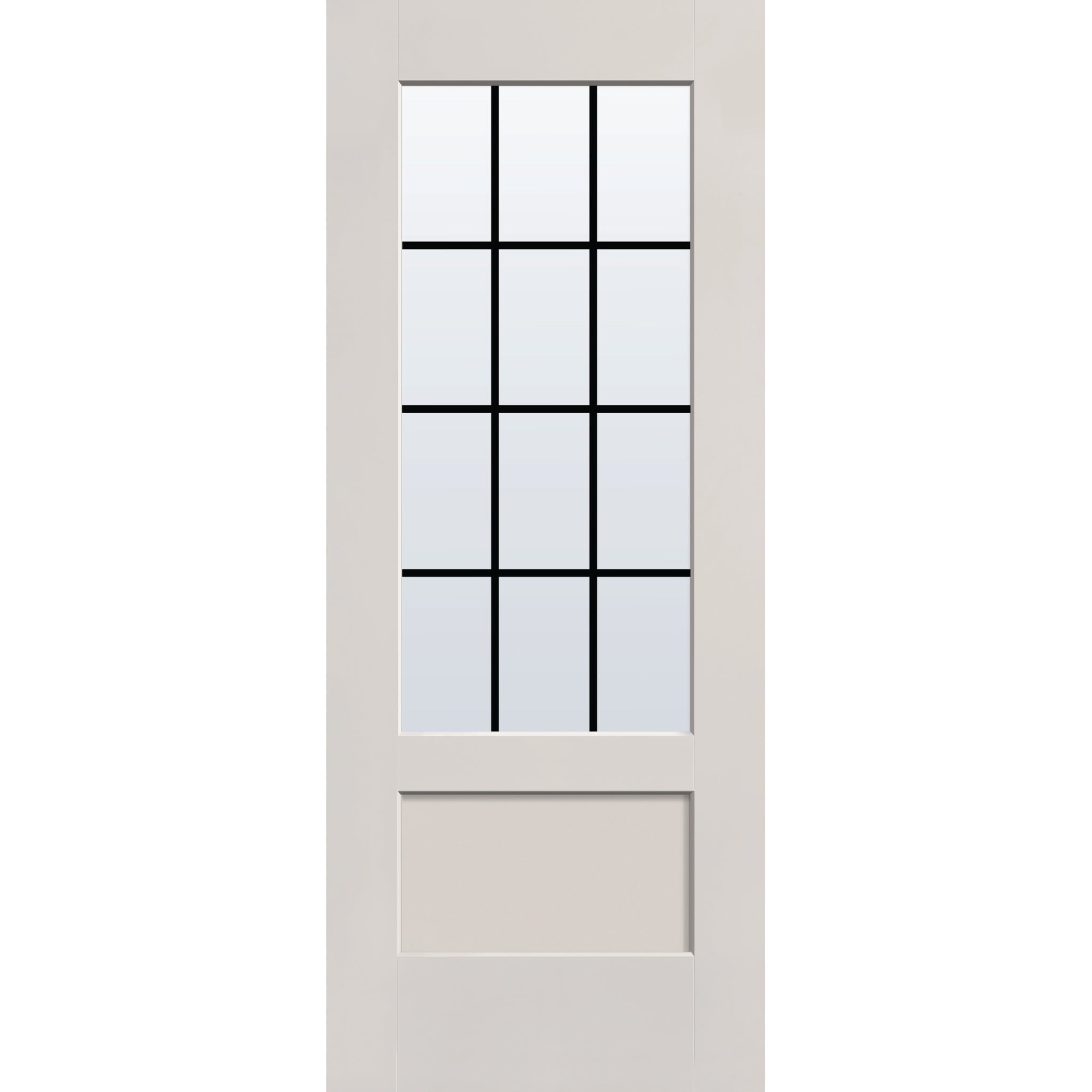 12 light grille flush glazed hurricane-rated fiberglass entry door, 3/4 lite shaker, 32" x 80", white satin smooth finish, black grilles between glass