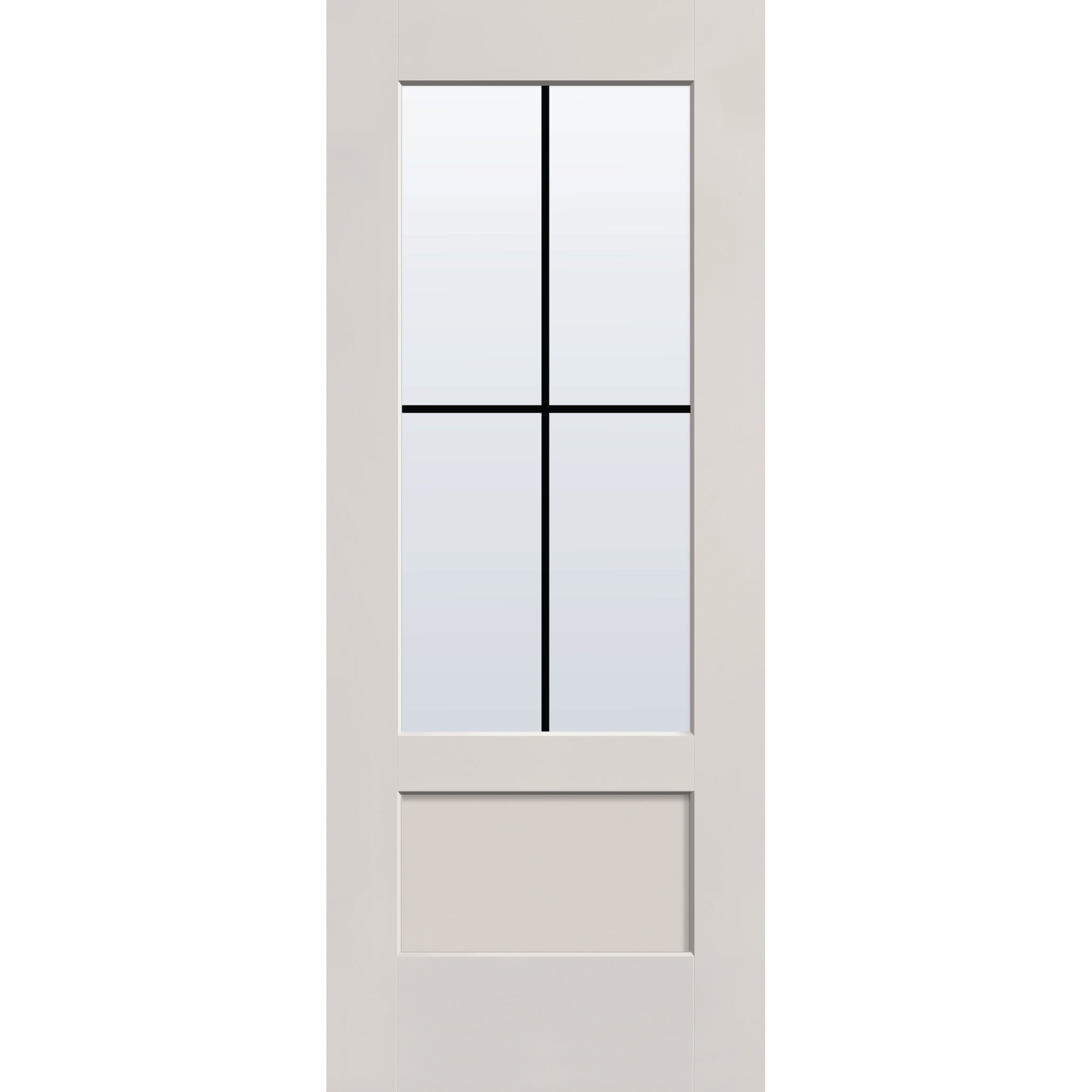 4 light grille flush glazed hurricane-rated fiberglass entry door, 3/4 lite shaker, 32" x 80", white satin smooth finish, black grilles between glass