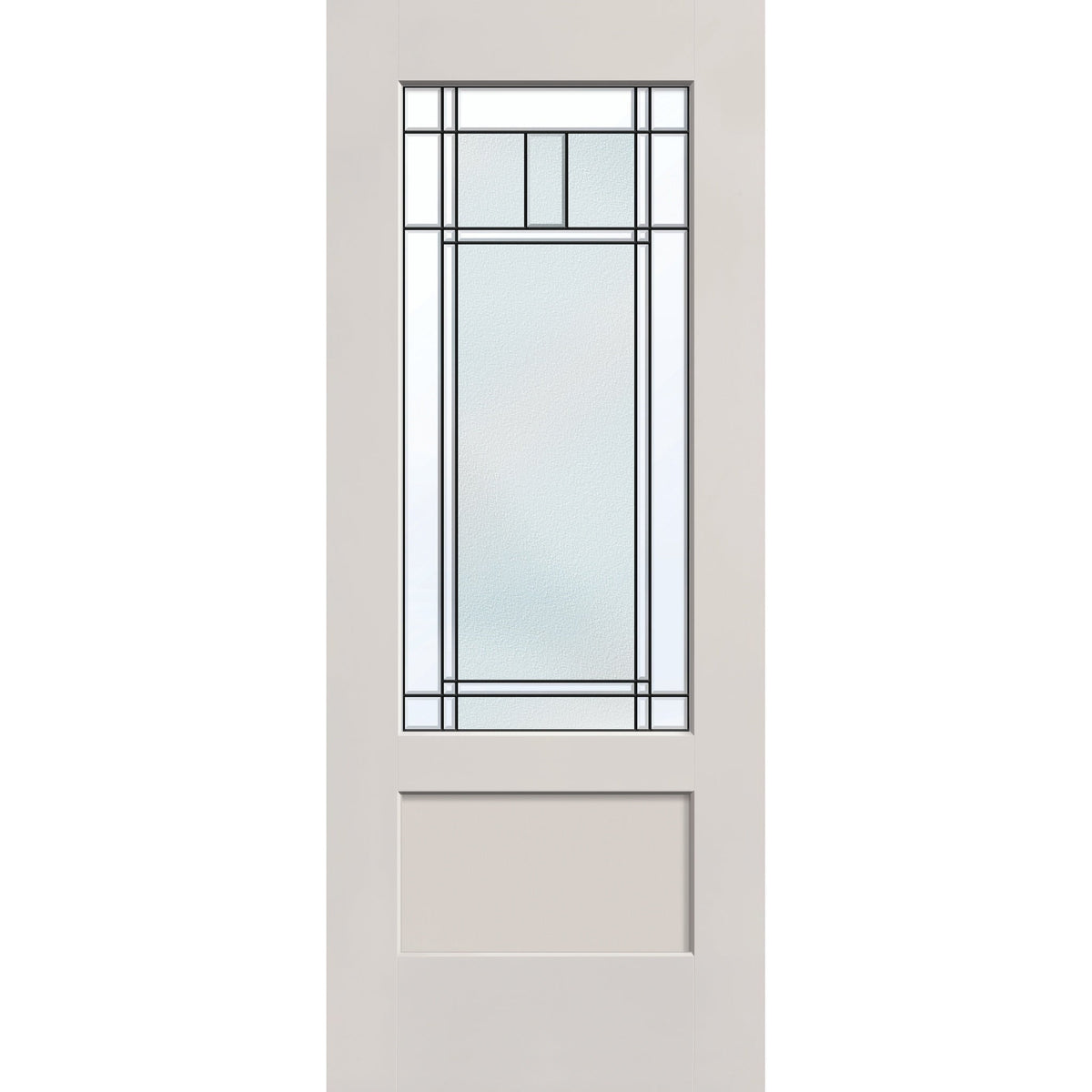 Berkley flush glazed fiberglass entry door, 3/4 lite shaker, 32" x 80", white satin smooth finish, Patina caming
