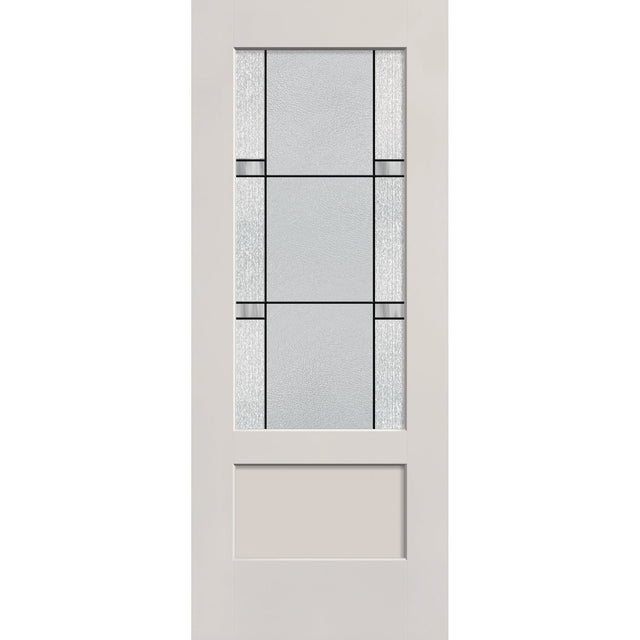 Dexter flush glazed fiberglass entry door, 3/4 lite shaker, 32" x 80", white satin smooth finish, Black Aluminum caming