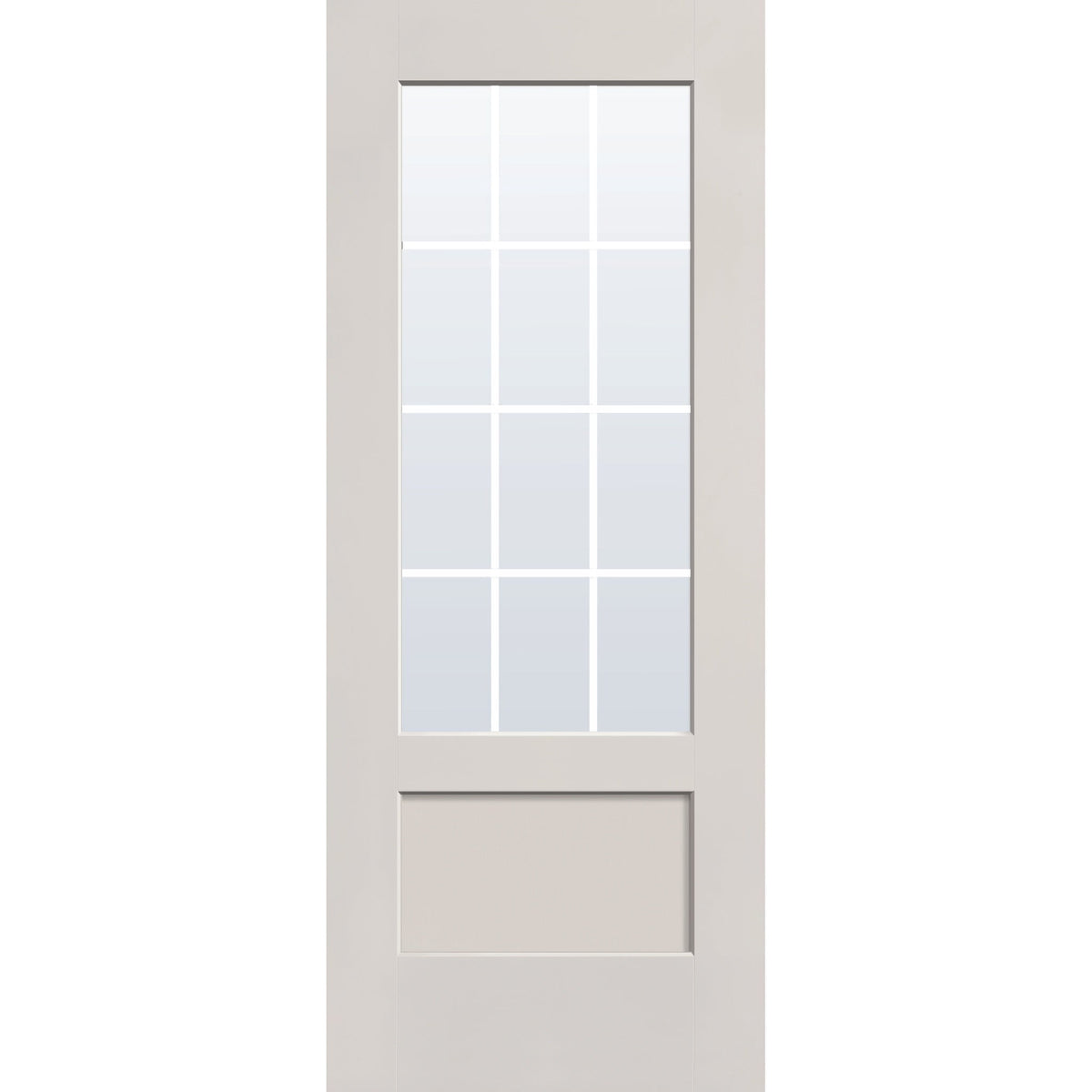 12 light grille flush glazed fiberglass entry door, 3/4 lite shaker, 32" x 80", white satin smooth finish, white grilles between glass