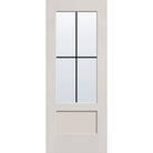 4 light grille flush glazed fiberglass entry door, 3/4 lite shaker, 32" x 80", white satin smooth finish, white grilles between glass