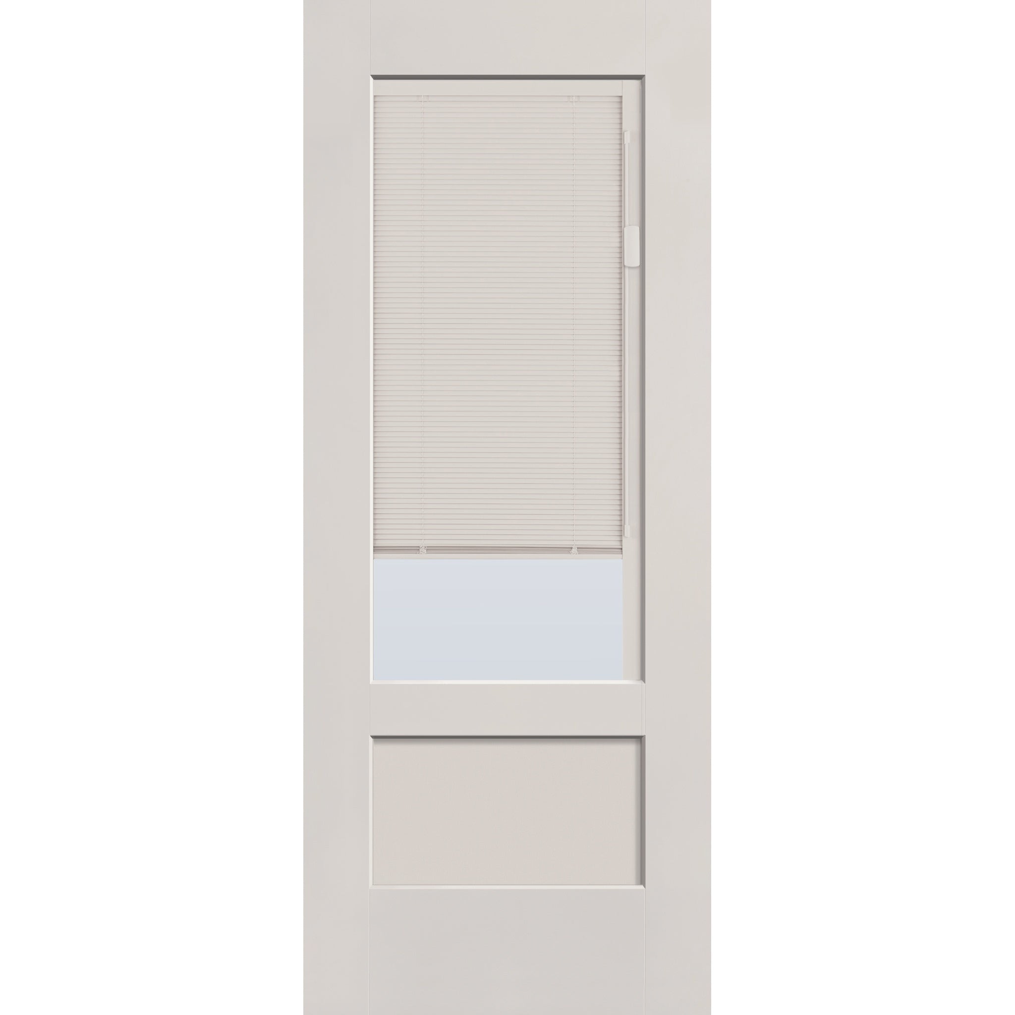 Raise & Lower Blinds flush glazed fiberglass entry door, 3/4 lite shaker, 32" x 80", white satin smooth finish, white blinds