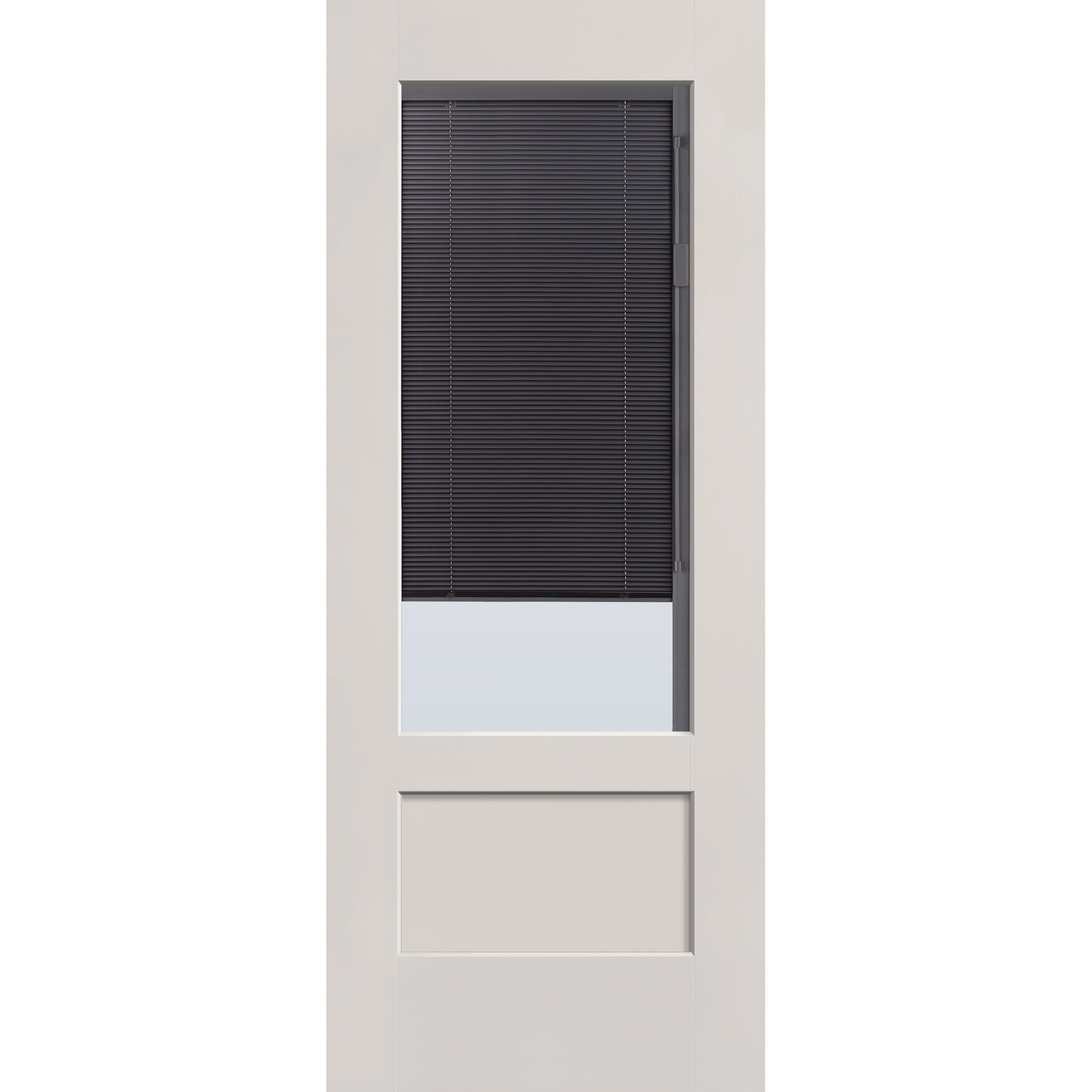 Raise & Lower Blinds flush glazed fiberglass entry door, 3/4 lite shaker, 32" x 80", white satin smooth finish, slate blinds