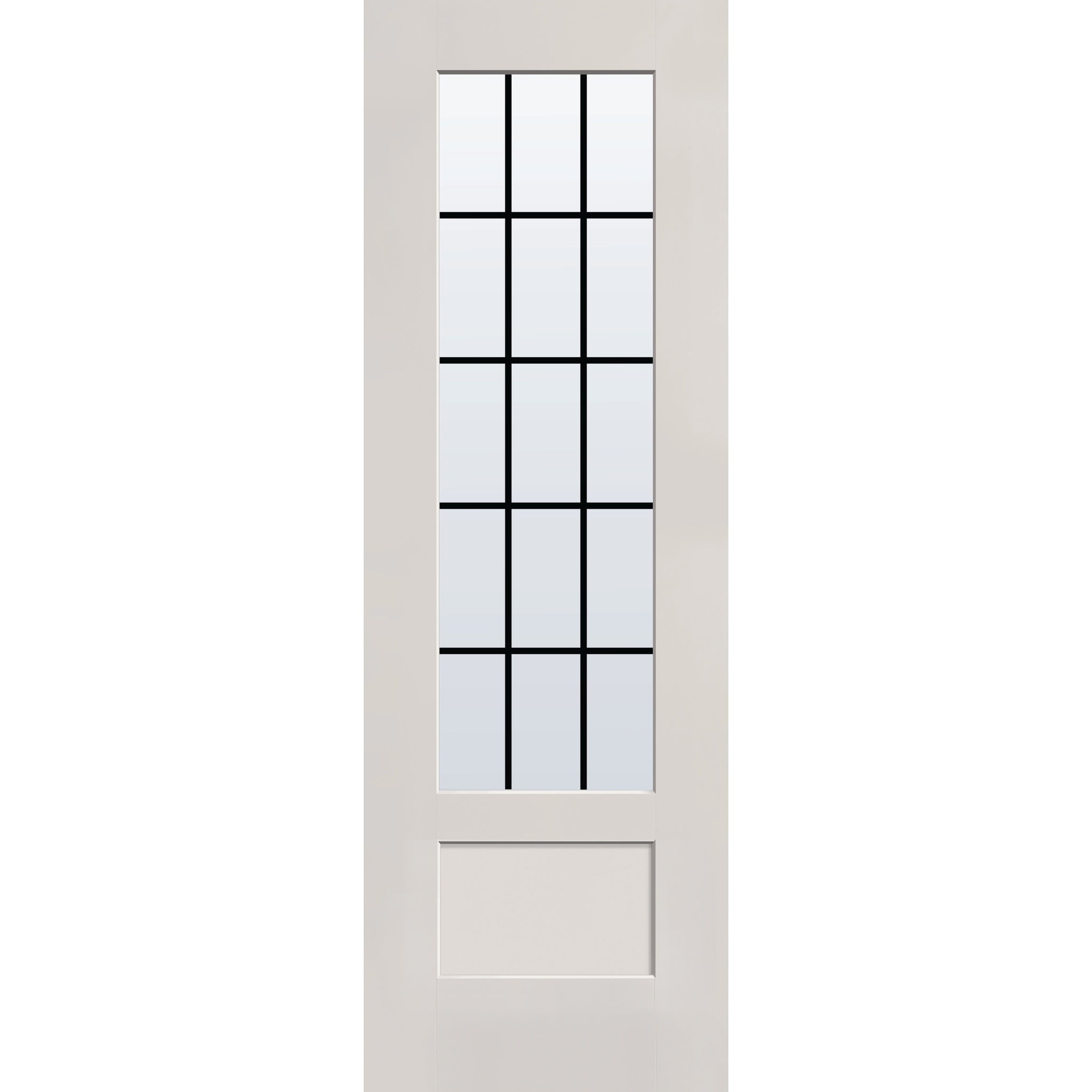 15 light grille flush glazed hurricane-rated fiberglass entry door, 3/4 lite shaker, 32" x 96", white satin smooth finish, black grilles between glass