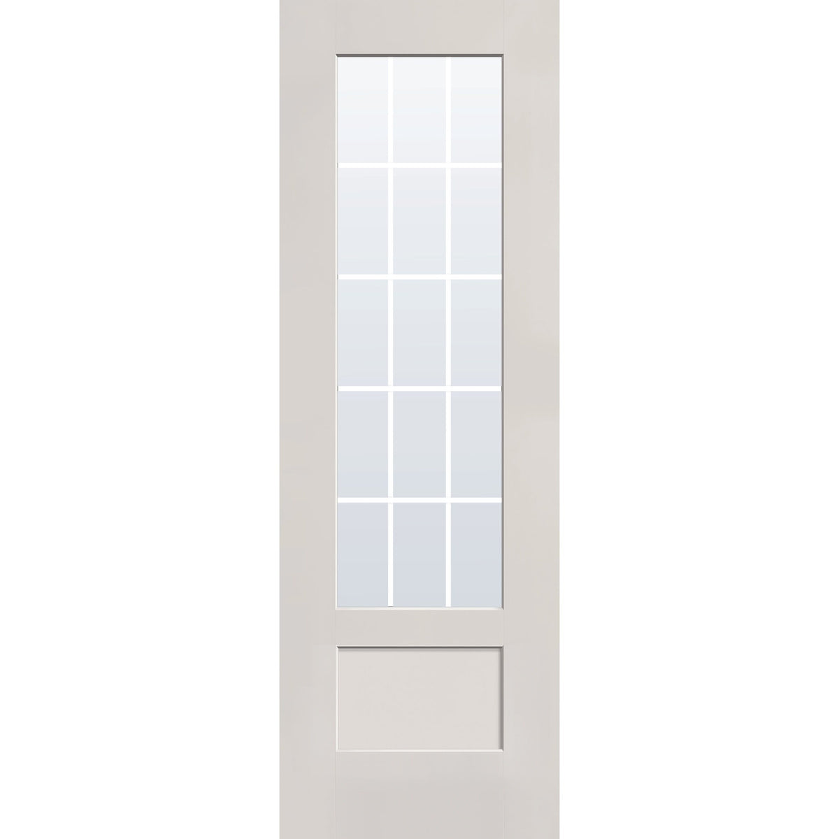 15 light grille flush glazed hurricane-rated fiberglass entry door, 3/4 lite shaker, 32" x 96", white satin smooth finish, white grilles between glass