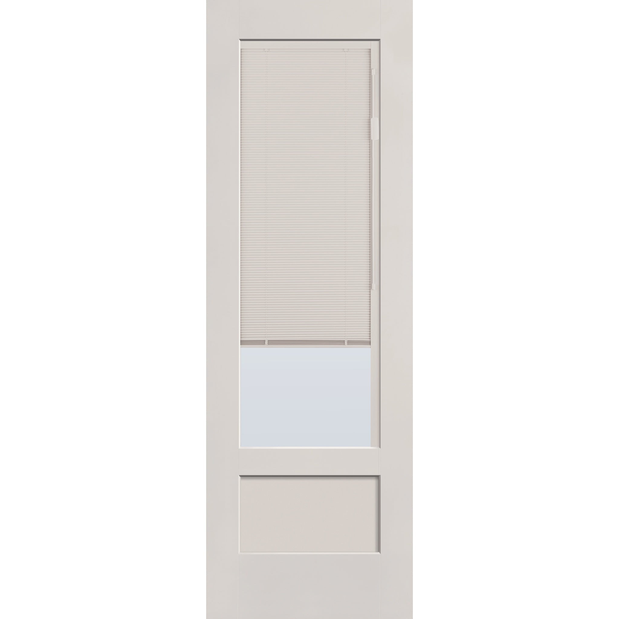 Raise & Lower Blinds flush glazed fiberglass entry door, 3/4 lite shaker, 32" x 96", white satin smooth finish, white blinds