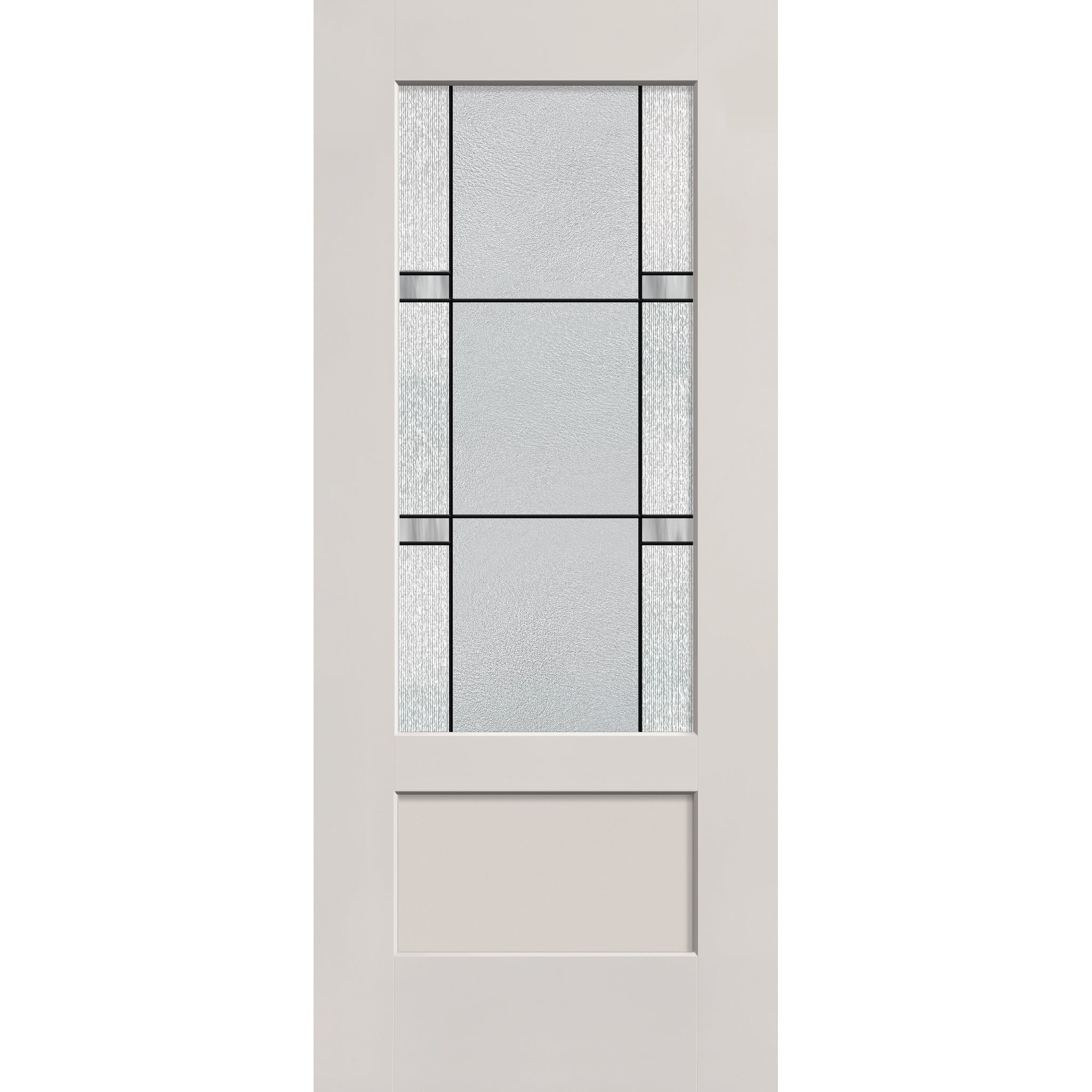 Dexter flush glazed hurricane-rated fiberglass entry door, 3/4 lite shaker, 34" x 80", white satin smooth finish, Black Aluminum caming
