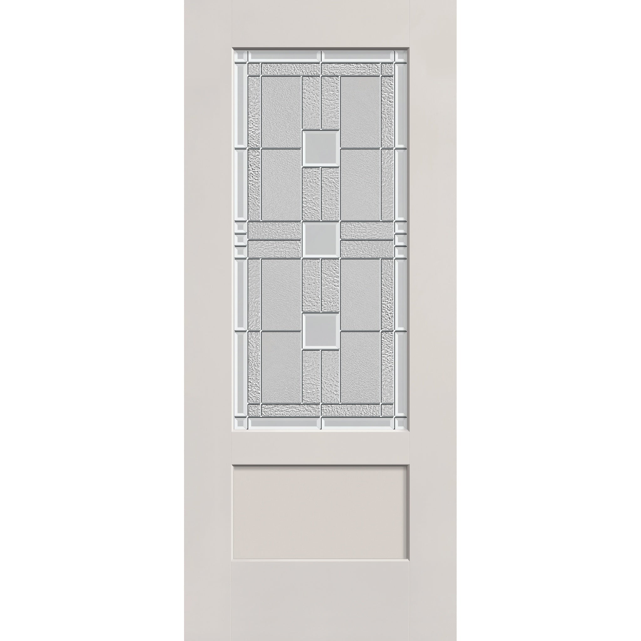 Austin flush glazed fiberglass entry door, 3/4 lite shaker, 34" x 80", white satin smooth finish, Satin Nickel caming