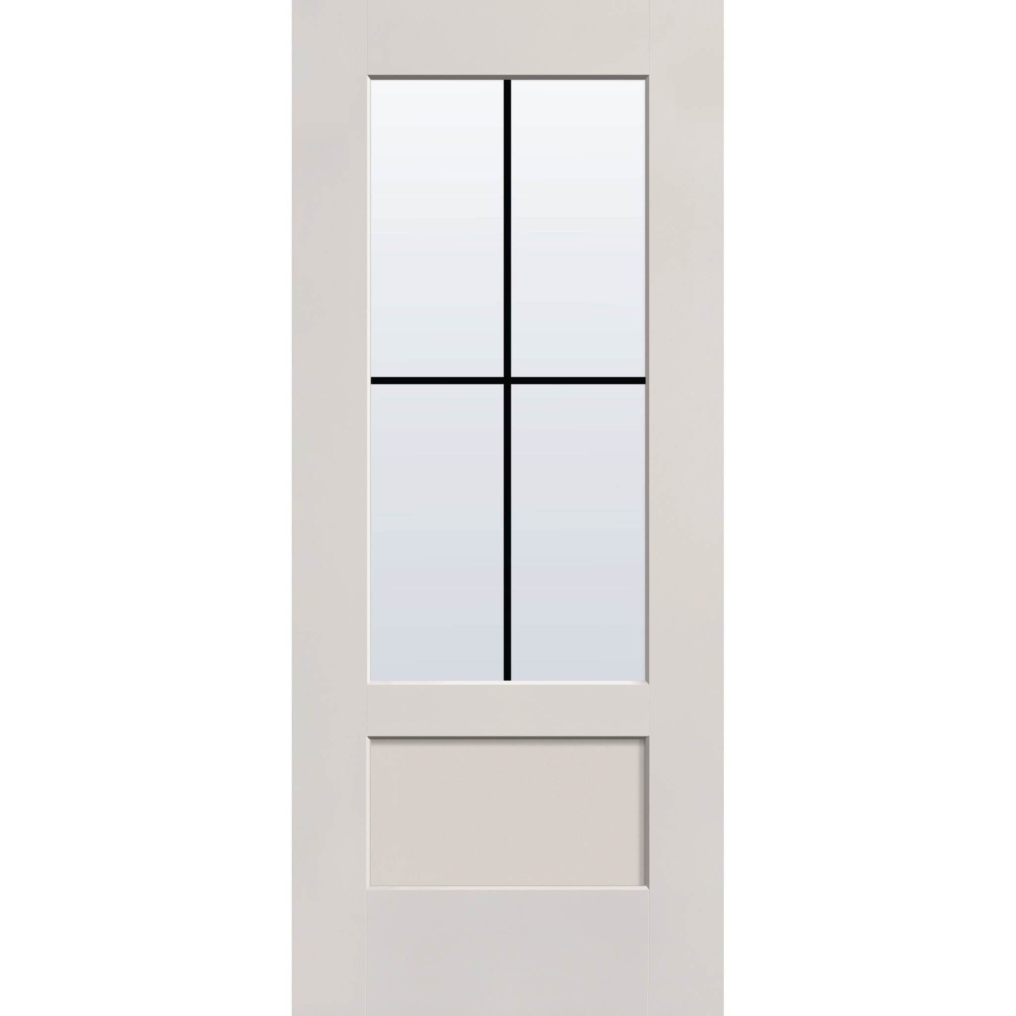 4 light grille flush glazed fiberglass entry door, 3/4 lite shaker, 34" x 80", white satin smooth finish, black grilles between glass