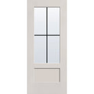 4 light grille flush glazed fiberglass entry door, 3/4 lite shaker, 34" x 80", white satin smooth finish, white grilles between glass