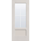 4 light grille flush glazed fiberglass entry door, 3/4 lite shaker, 34" x 80", white satin smooth finish, white grilles between glass