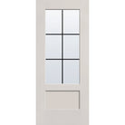 6 light grille flush glazed fiberglass entry door, 3/4 lite shaker, 34" x 80", white satin smooth finish, black grilles between glass