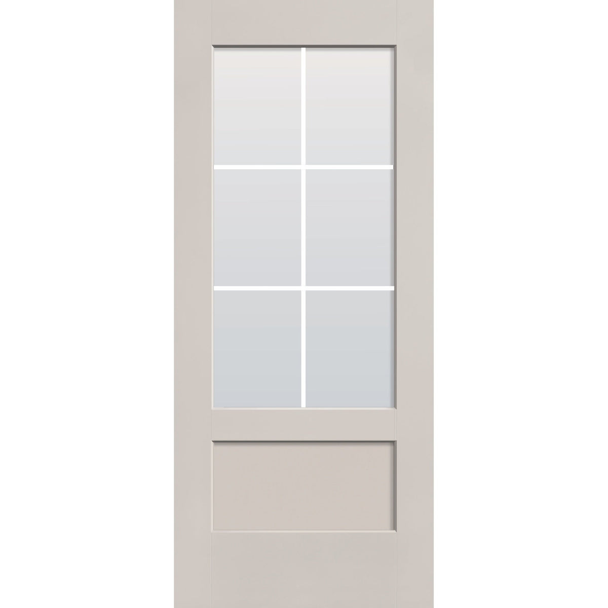 6 light grille flush glazed fiberglass entry door, 3/4 lite shaker, 34" x 80", white satin smooth finish, white grilles between glass