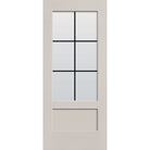 6 light grille flush glazed fiberglass entry door, 3/4 lite shaker, 34" x 80", white satin smooth finish, white grilles between glass