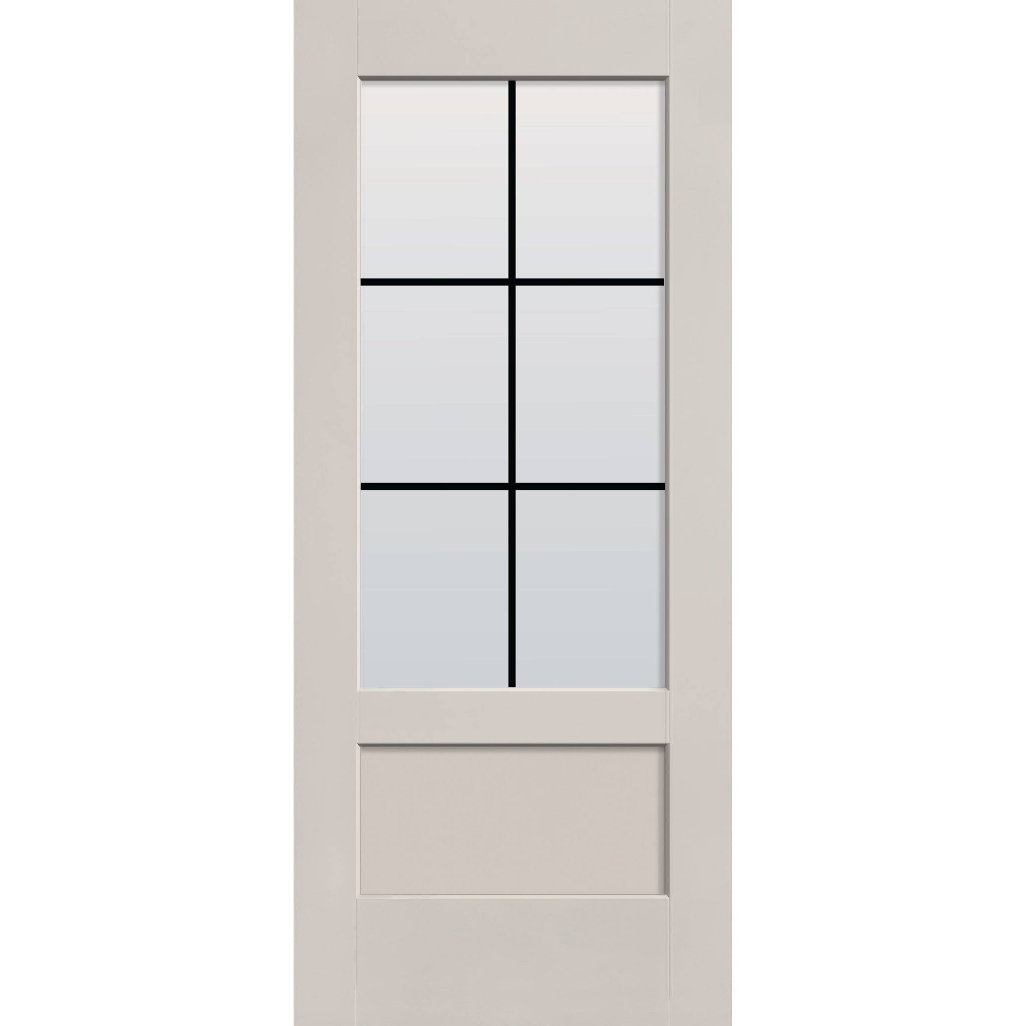 6 light grille flush glazed fiberglass entry door, 3/4 lite shaker, 34" x 80", white satin smooth finish, white grilles between glass