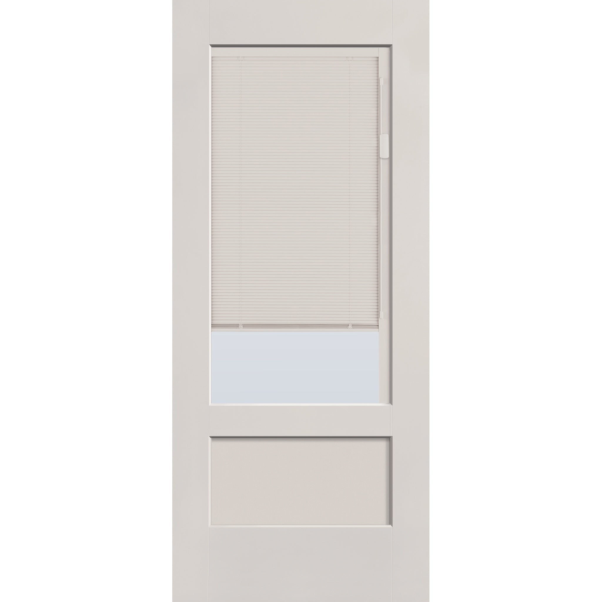 Raise & Lower Blinds flush glazed fiberglass entry door, 3/4 lite shaker, 34" x 80", white satin smooth finish, white blinds