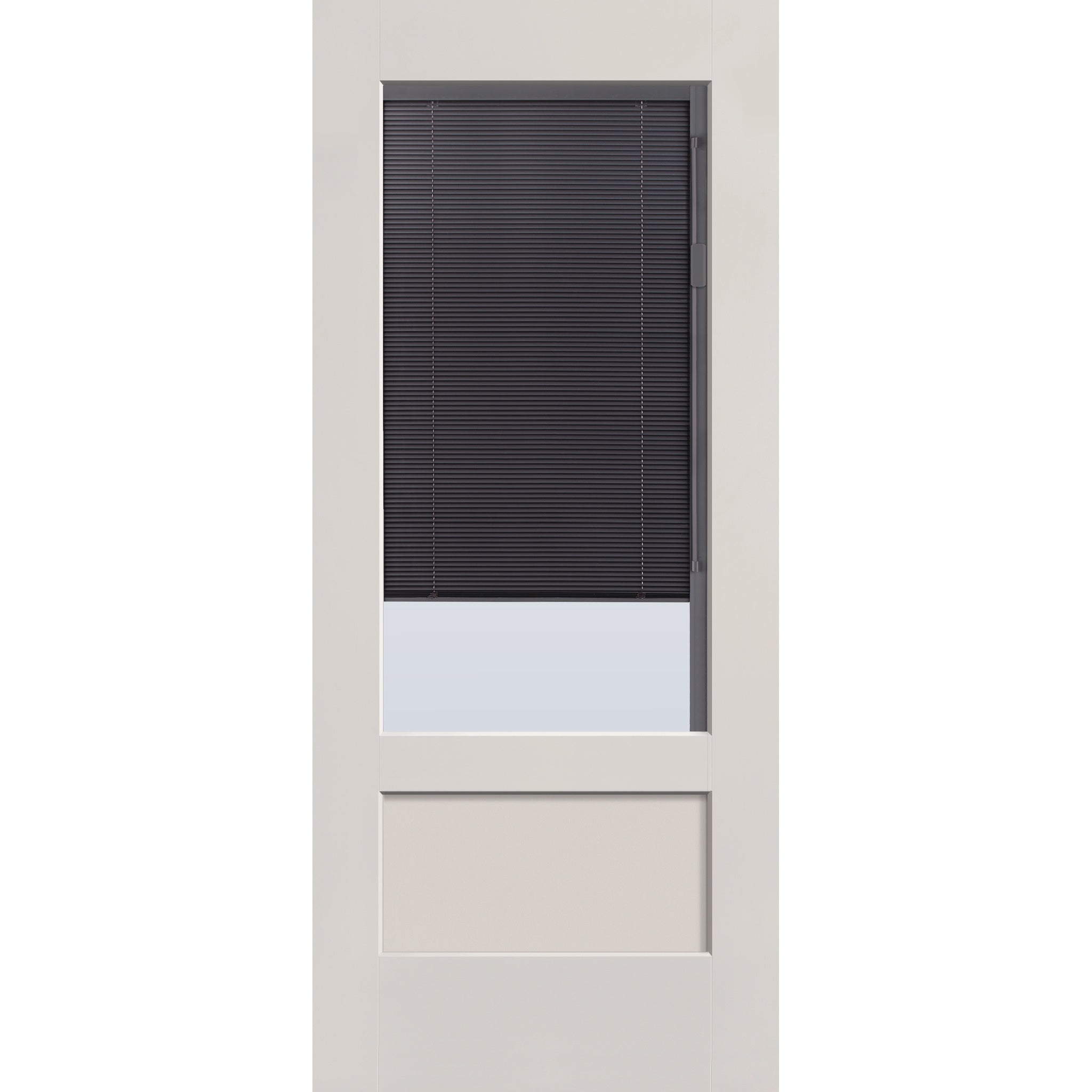 Raise & Lower Blinds flush glazed fiberglass entry door, 3/4 lite shaker, 34" x 80", white satin smooth finish, slate blinds