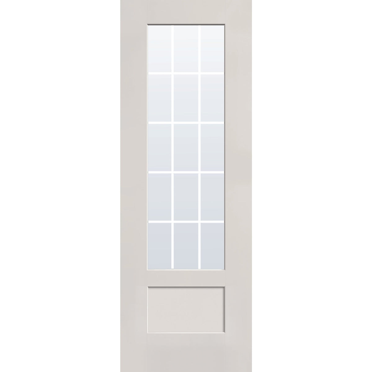 15 light grille flush glazed hurricane-rated fiberglass entry door, 3/4 lite shaker, 34" x 96", white satin smooth finish, white grilles between glass