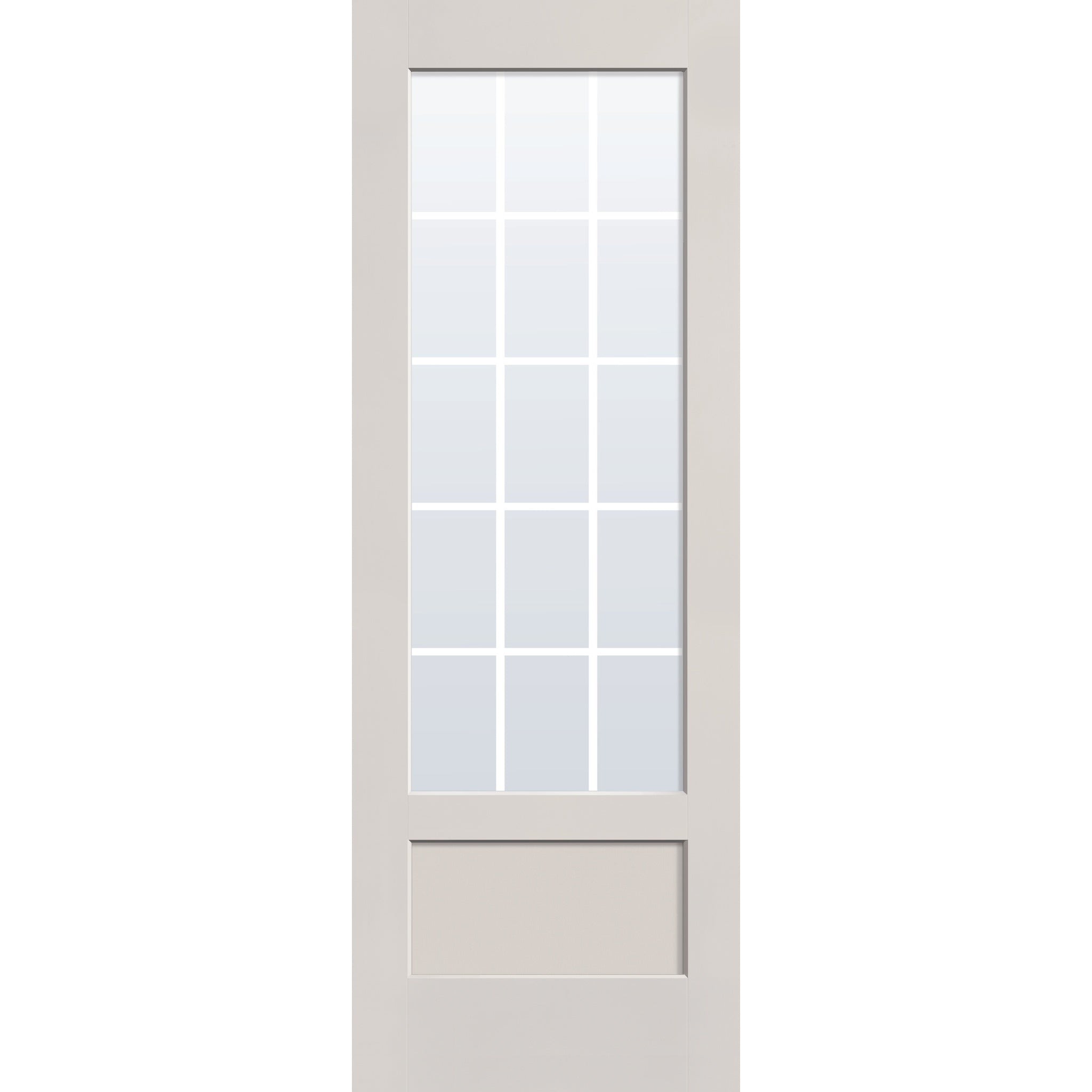 15 light grille flush glazed fiberglass entry door, 3/4 lite shaker, 34" x 96", white satin smooth finish, white grilles between glass
