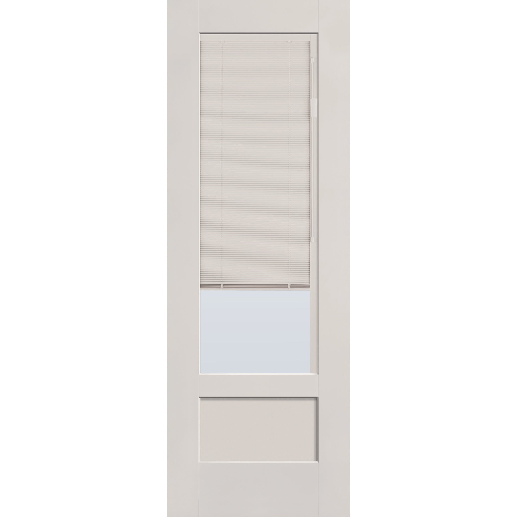 Raise & Lower Blinds flush glazed fiberglass entry door, 3/4 lite shaker, 34" x 96", white satin smooth finish, white blinds