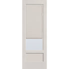Raise & Lower Blinds flush glazed fiberglass entry door, 3/4 lite shaker, 34" x 96", white satin smooth finish, white blinds