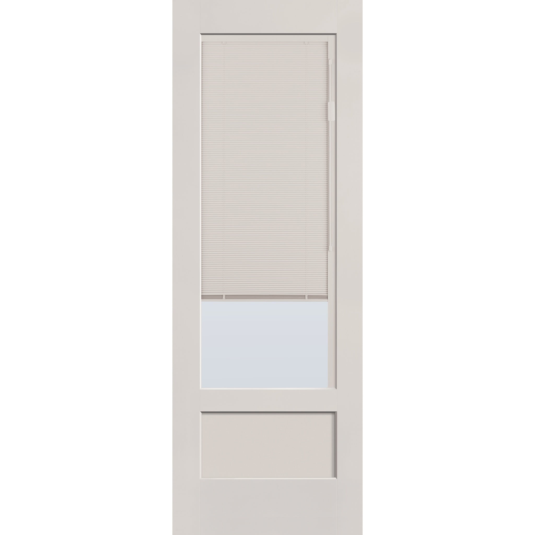 Raise & Lower Blinds flush glazed fiberglass entry door, 3/4 lite shaker, 34" x 96", white satin smooth finish, white blinds