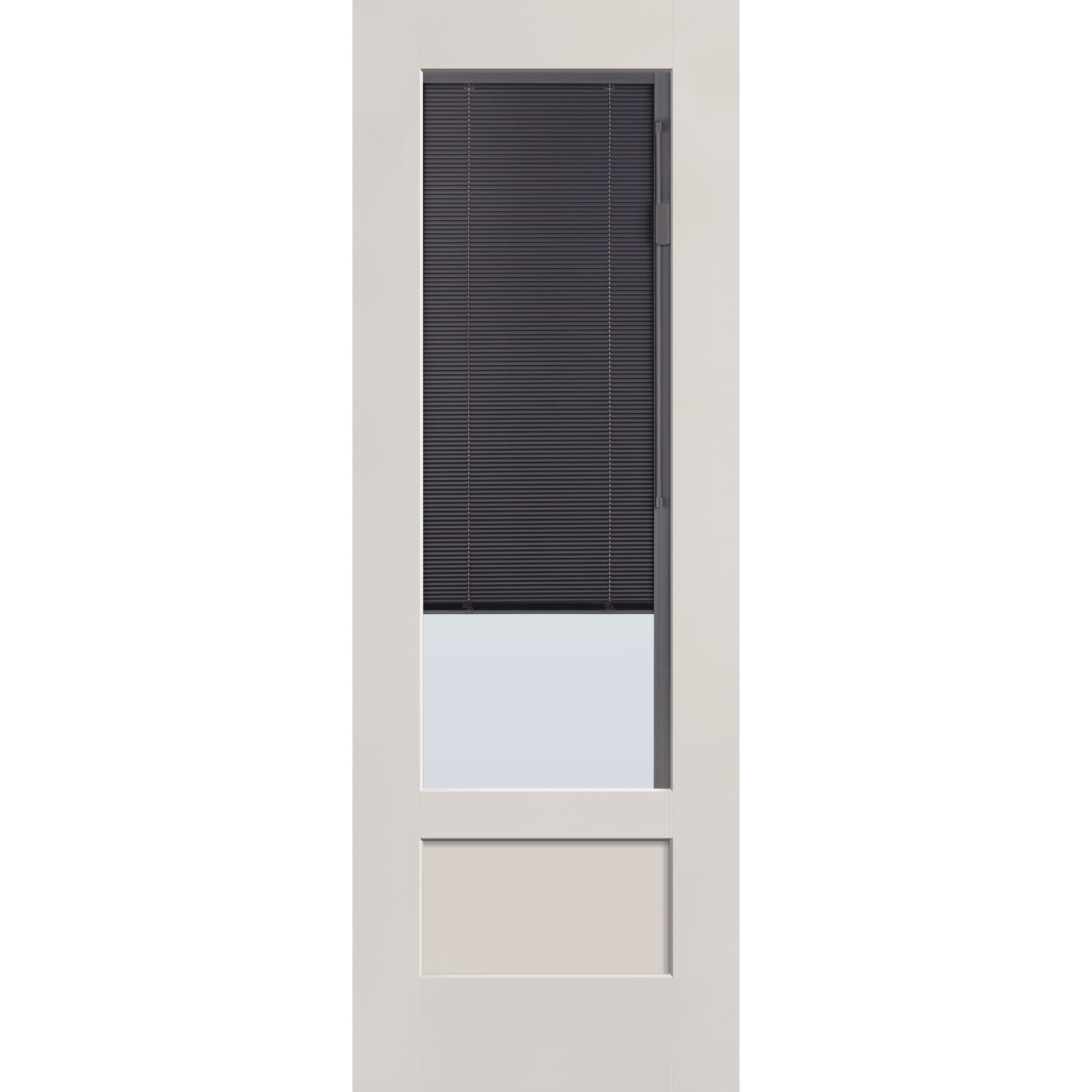 Raise & Lower Blinds flush glazed fiberglass entry door, 3/4 lite shaker, 34" x 96", white satin smooth finish, slate blinds