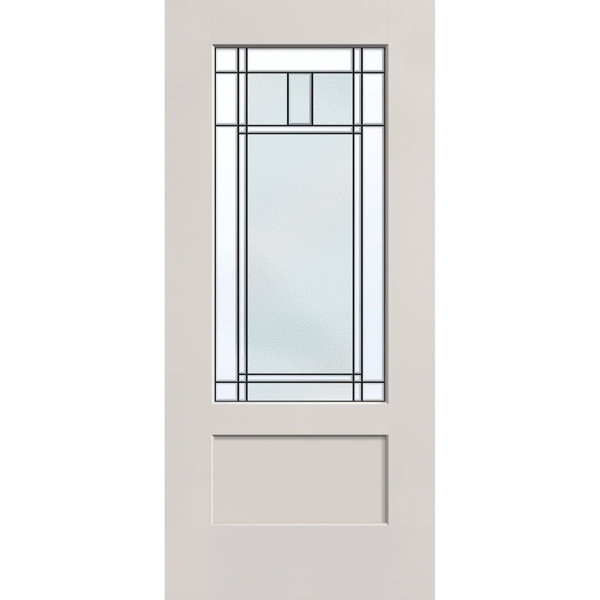 Berkley flush glazed hurricane-rated fiberglass entry door, 3/4 lite shaker, 36" x 80", white satin smooth finish, Patina caming