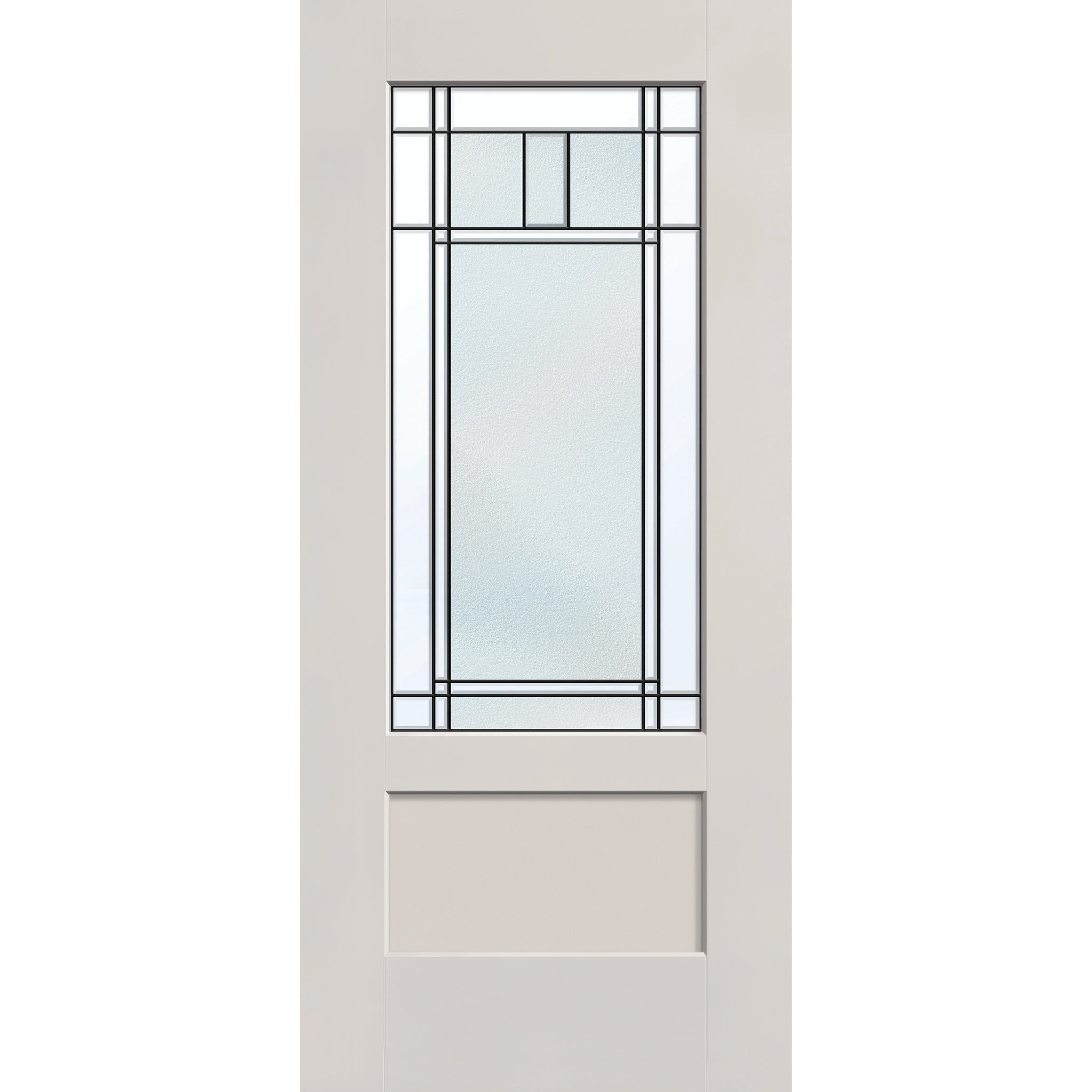 Berkley flush glazed hurricane-rated fiberglass entry door, 3/4 lite shaker, 36" x 80", white satin smooth finish, Patina caming