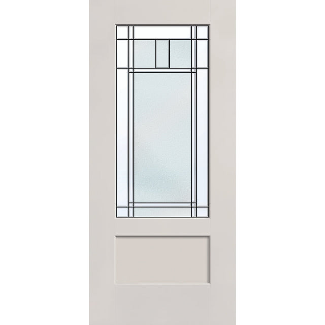 Berkley flush glazed hurricane-rated fiberglass entry door, 3/4 lite shaker, 36" x 80", white satin smooth finish, Patina caming