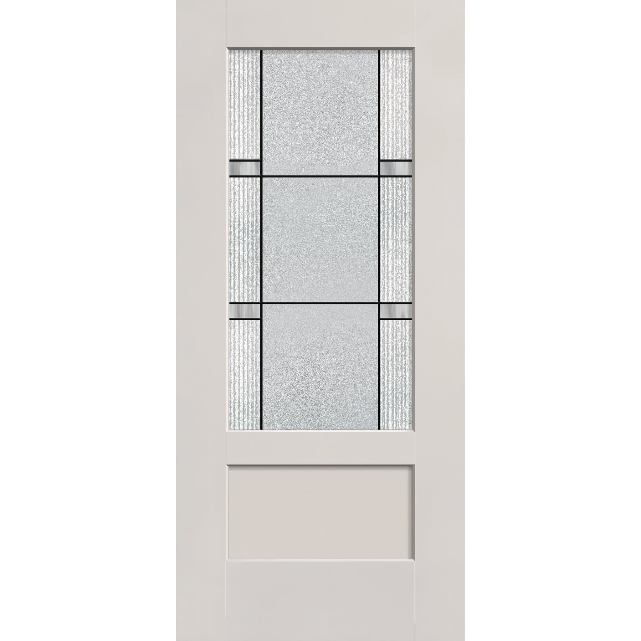 Dexter flush glazed hurricane-rated fiberglass entry door, 3/4 lite shaker, 36" x 80", white satin smooth finish, Black Aluminum caming