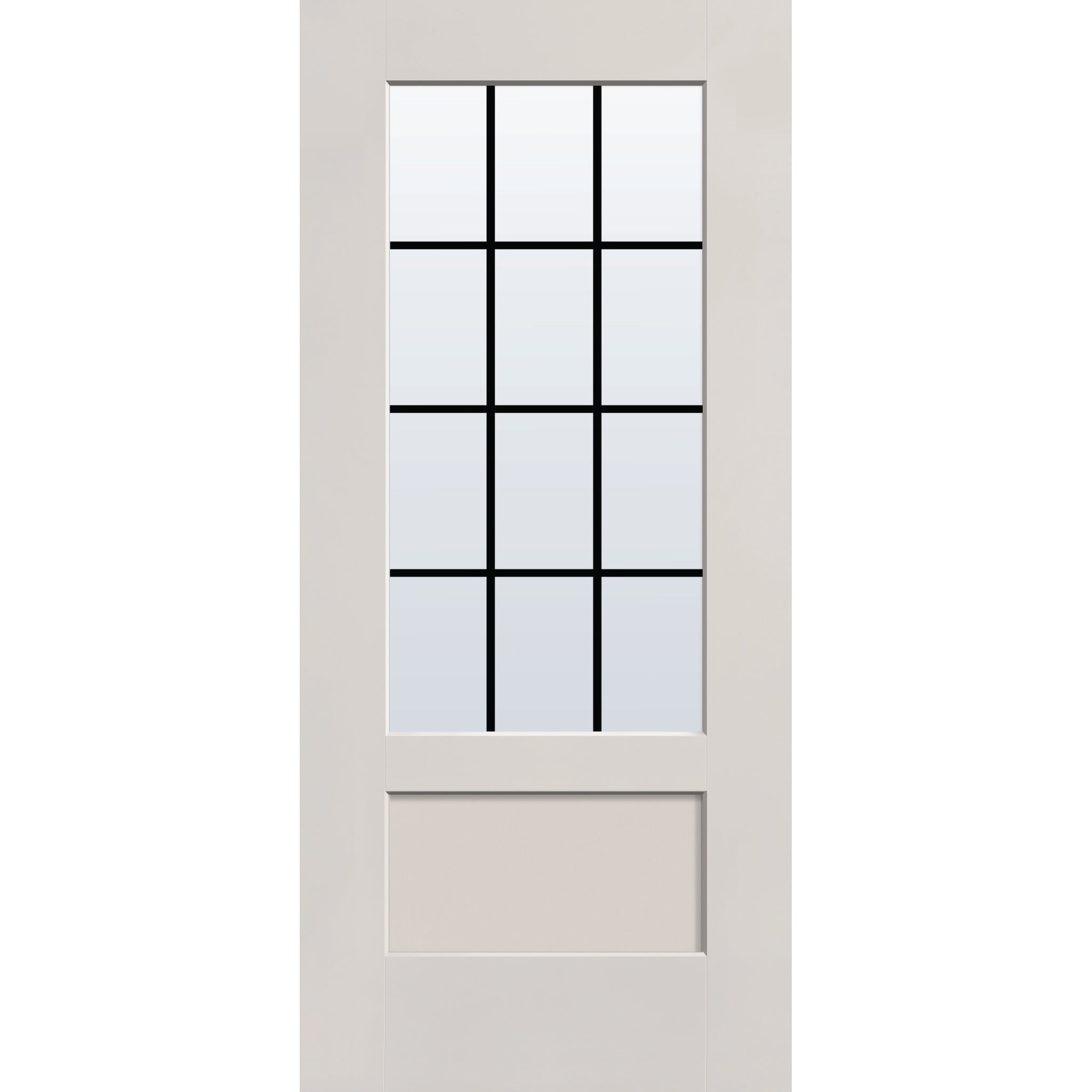 12 light grille flush glazed hurricane-rated fiberglass entry door, 3/4 lite shaker, 36" x 80", white satin smooth finish, black grilles between glass