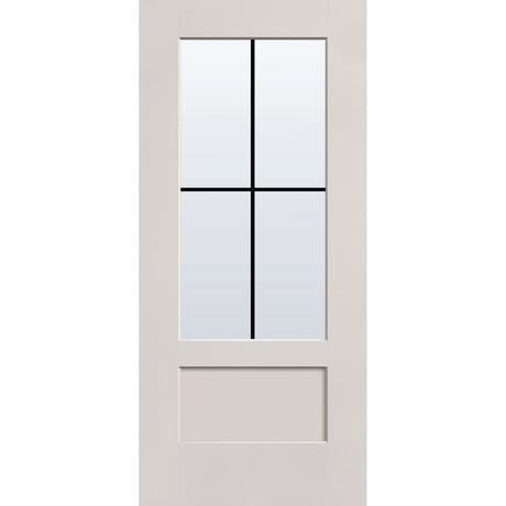 4 light grille flush glazed hurricane-rated fiberglass entry door, 3/4 lite shaker, 36" x 80", white satin smooth finish, black grilles between glass