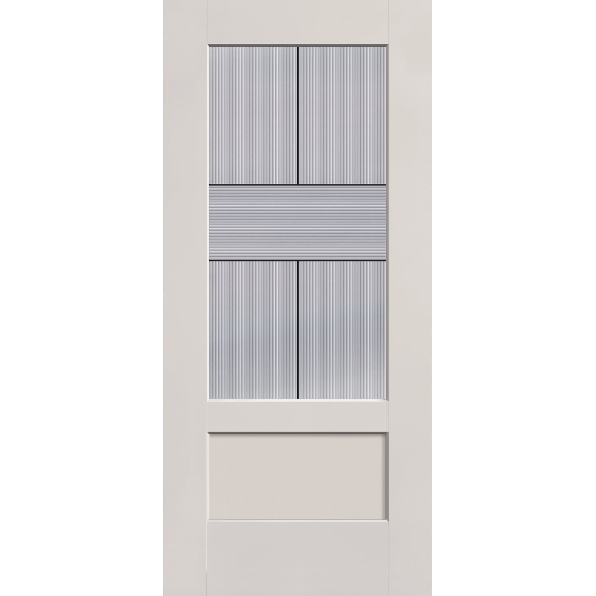 Rill flush glazed hurricane-rated fiberglass entry door, 3/4 lite shaker, 36" x 80", white satin smooth finish, Black Aluminum caming