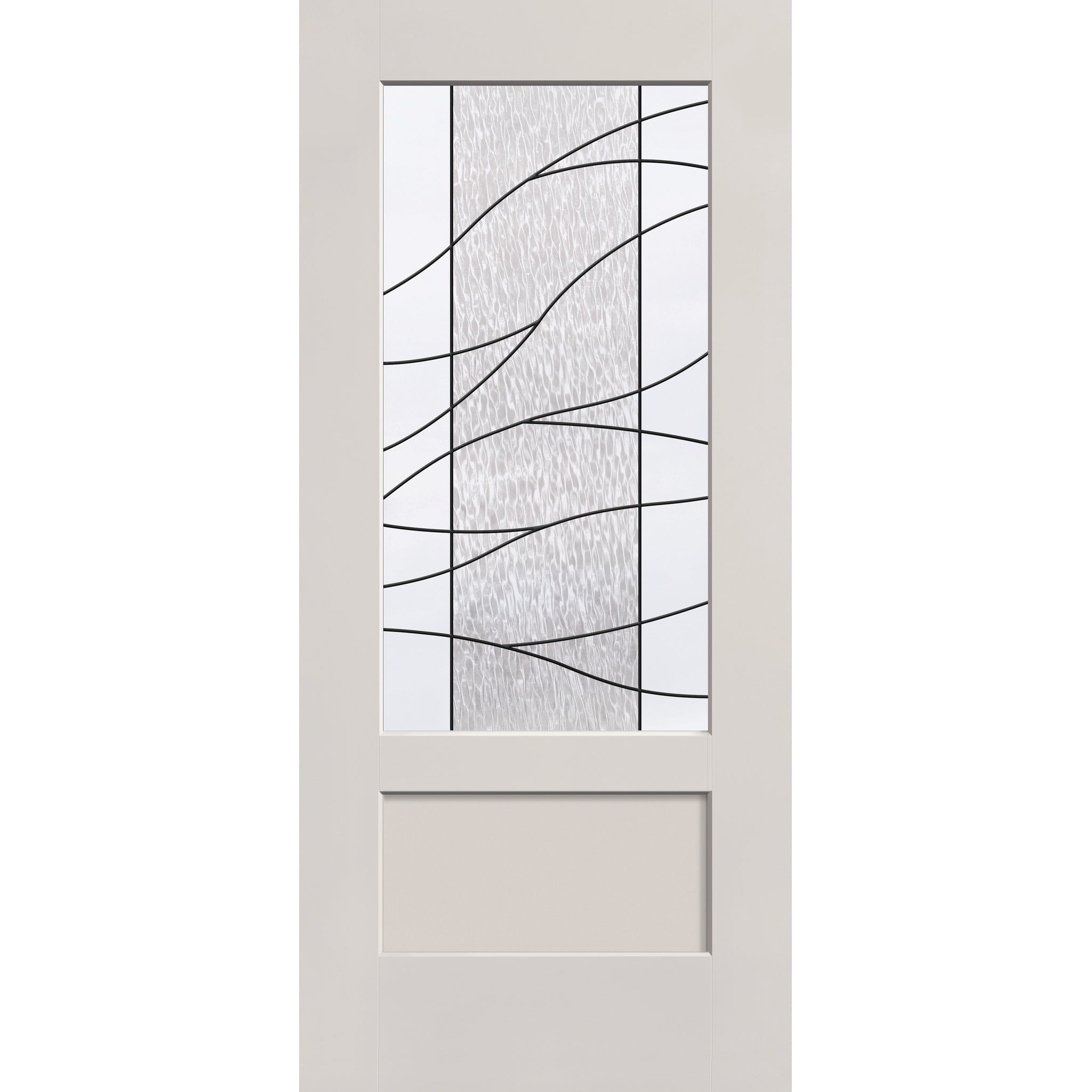 Briselle flush glazed fiberglass entry door, 3/4 lite shaker, 36" x 80", white satin smooth finish, Patina caming