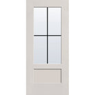 4 light grille flush glazed fiberglass entry door, 3/4 lite shaker, 36" x 80", white satin smooth finish, black grilles between glass