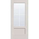 4 light grille flush glazed fiberglass entry door, 3/4 lite shaker, 36" x 80", white satin smooth finish, white grilles between glass