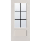 6 light grille flush glazed fiberglass entry door, 3/4 lite shaker, 36" x 80", white satin smooth finish, black grilles between glass