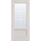 6 light grille flush glazed fiberglass entry door, 3/4 lite shaker, 36" x 80", white satin smooth finish, white grilles between glass